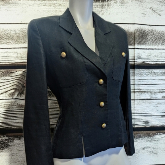 Kenar Black Linen Military Style Blazer with Gold Buttons - Picture 2 of 6